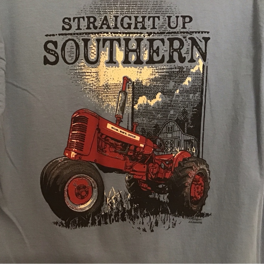 Straight Up Southern blue cotton tee with tractor print on back.